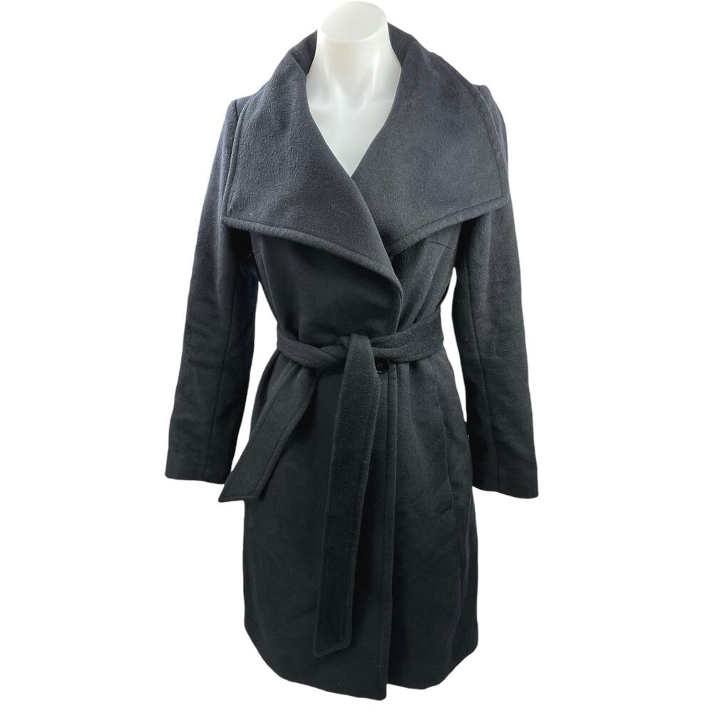 Reiss Womens Leah Black Wool Longline Belted Tie Over Coat Wrap Trench Coat Sz 2